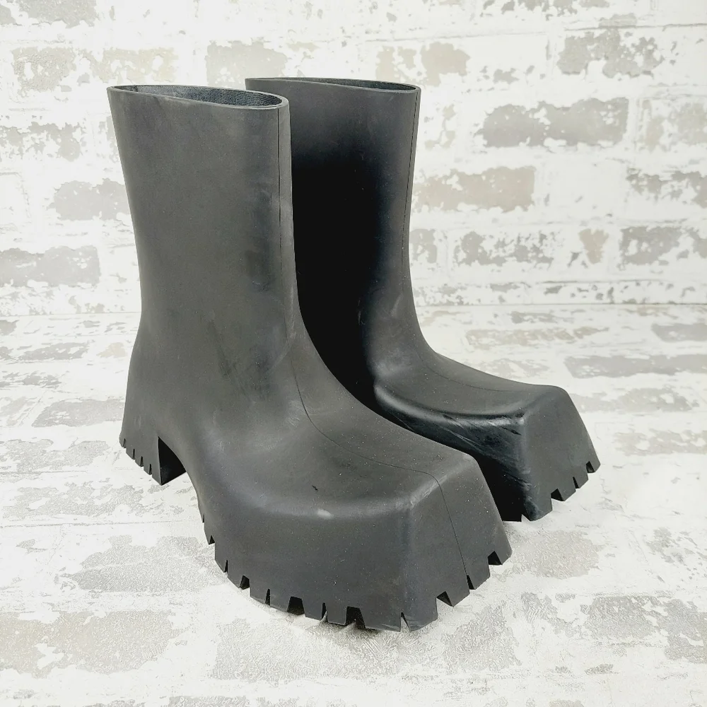 New Balenciaga Trooper Black Rubber Square Toe Rain Boots F741 - Picture 4 of 14